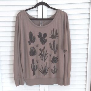 Mad Love Top, Size XL, Soft‎ Fabric, Long Sleeve, Boat Neck, Taupe, Cactus Print